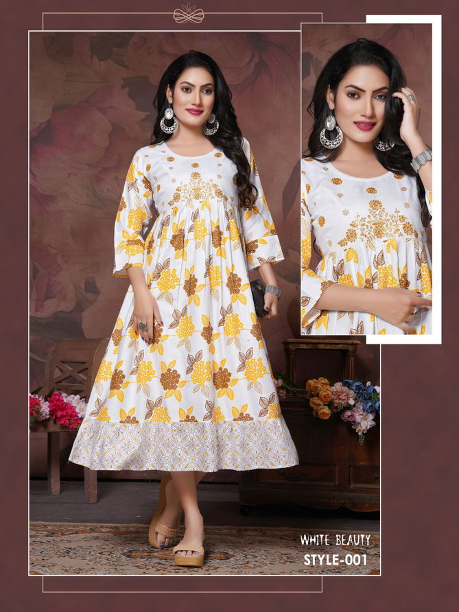 Trendy White Beauty 01 Printed Anarkali Kurtis Catalog
